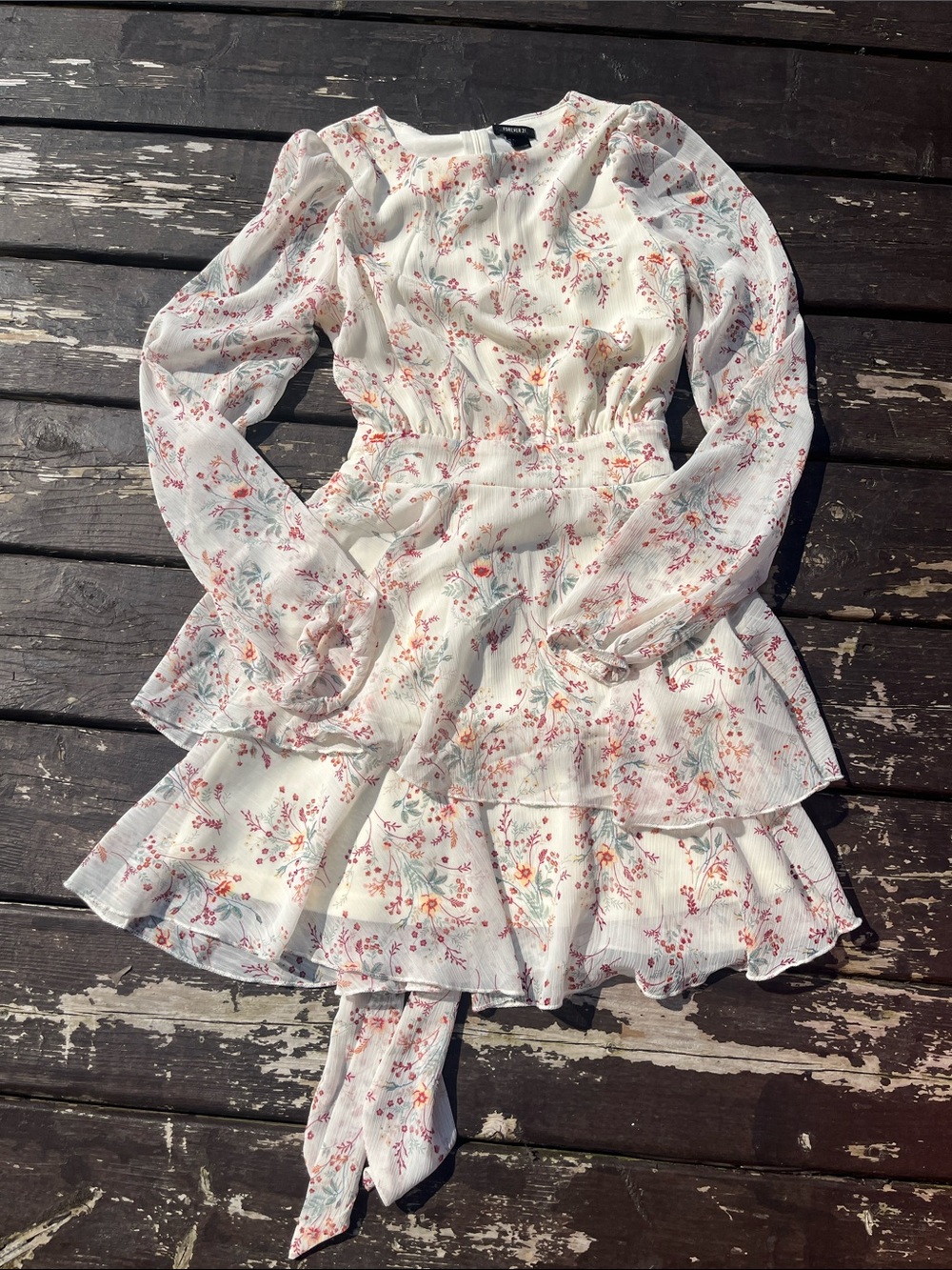 Forever 21 cream floral long sleeve flowy mini dress